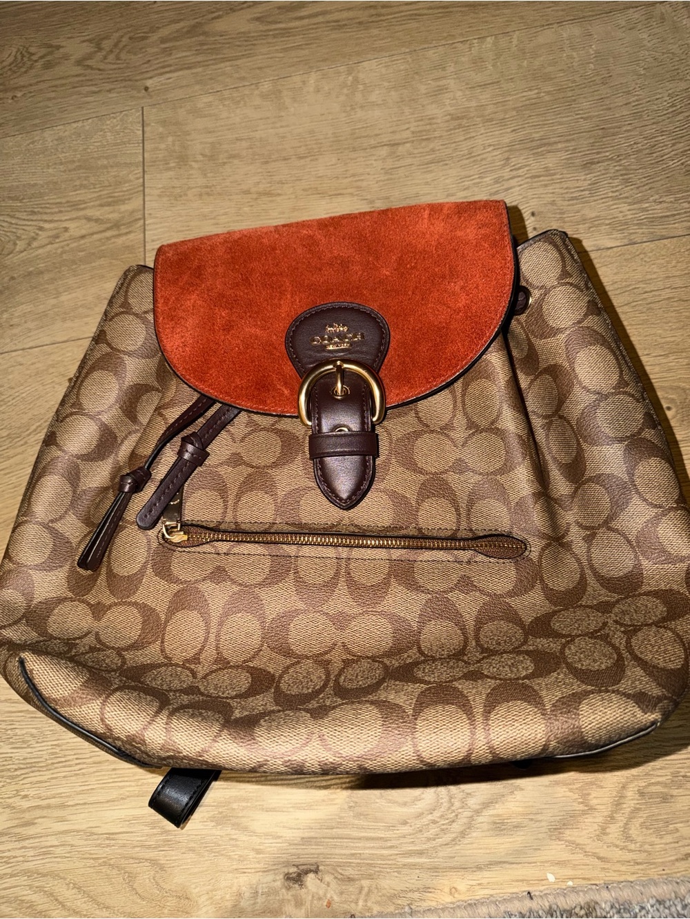 Coach Brown Signature Canvas Backpack with Orange Suede Flap